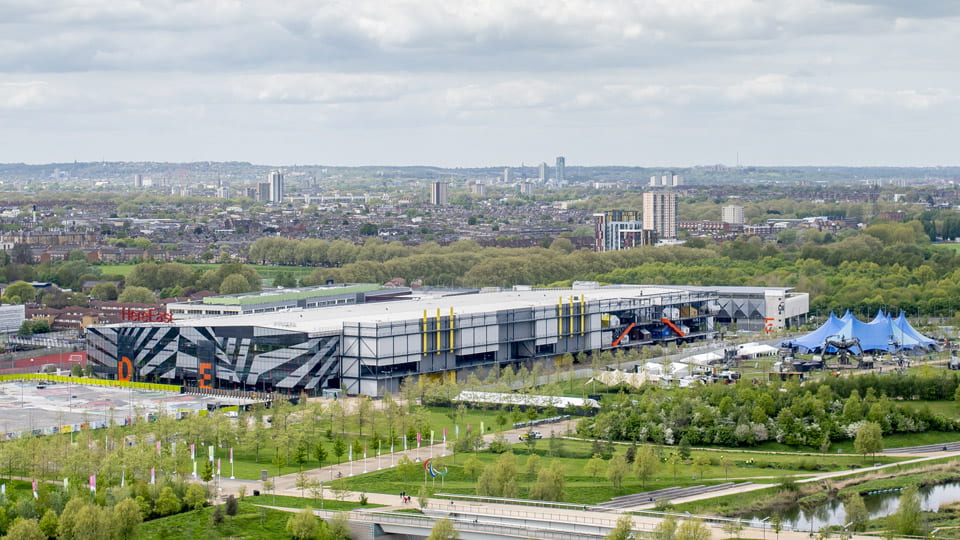 An aerial view of Here East