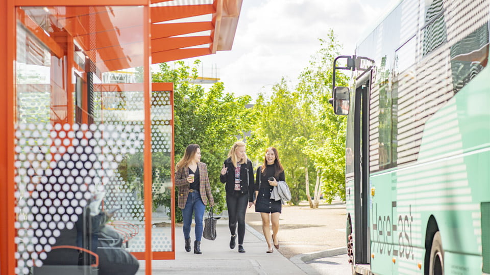 Three students walking to the bus stop