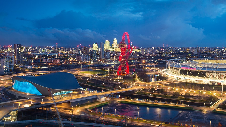 Night-time view of London's Queen Elizabeth Olympic Park