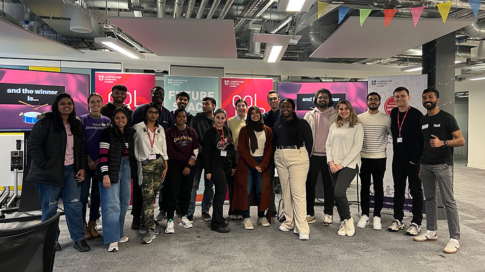 A group of students at the sustainability fashion hack event on campus.