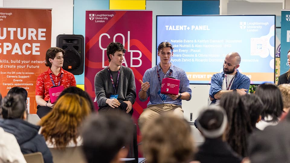 A photograph of four panelists at the Careers Insight Event