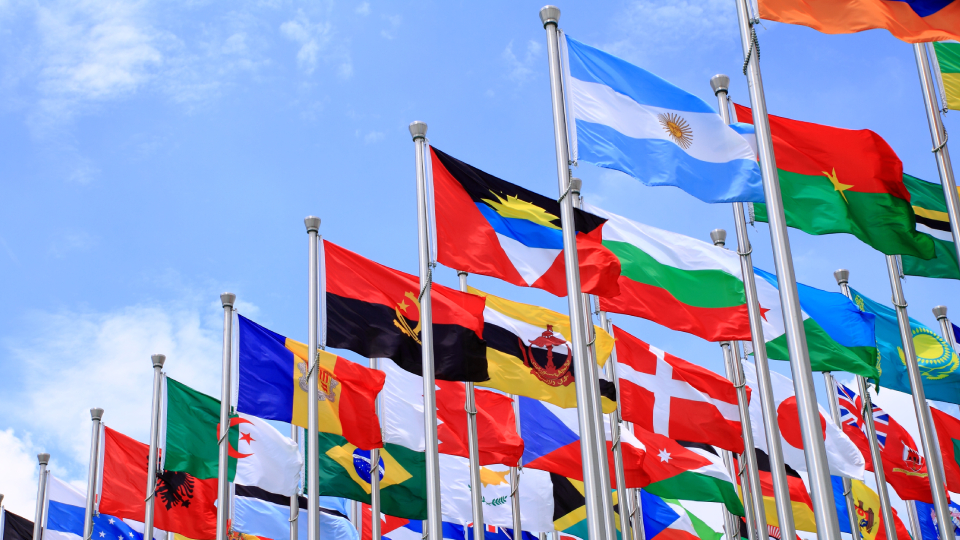a selection of flags blowing in the wind